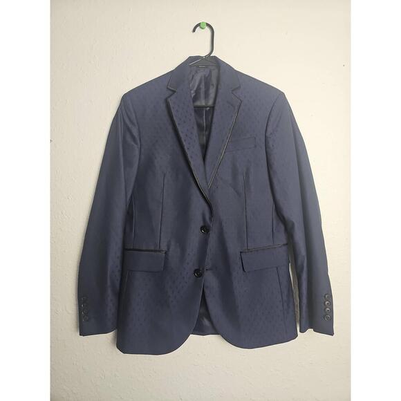 J Ferrar Youth Short Slim Tipped Small Blue Jaquard Dot Blazer Suit Jacket - Picture 1 of 9
